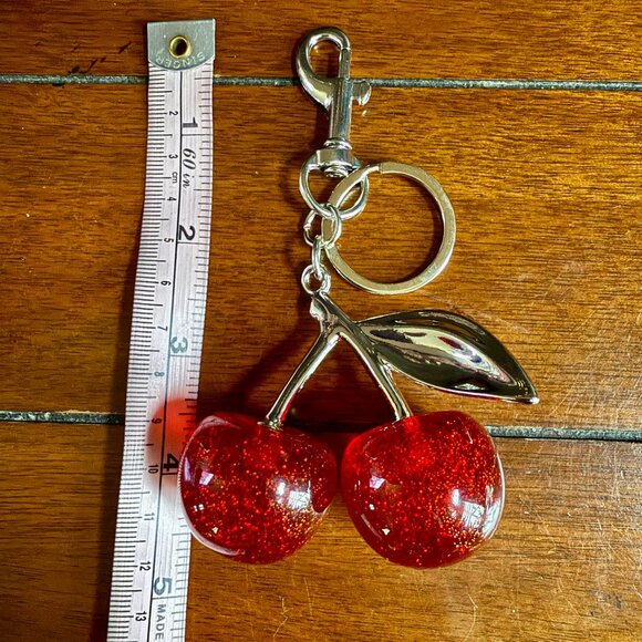 NEW Red Glitter Large Cherries Purse Charm Keychain Silver Toned - Picture 5 of 7